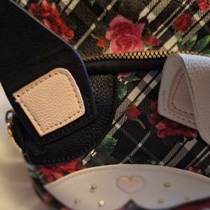 Betsy Johnson Black & White Plaid Floral Dog Kitsch Backpack 🎒